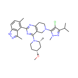 CO[C@@H]1CCN(c2nc(-c3c(C)ccc4[nH]nc(C)c34)nc3c2CN(c2c(Cl)c(C(C)C)nn2C)CC3)[C@H](C)C1 ZINC000149164643