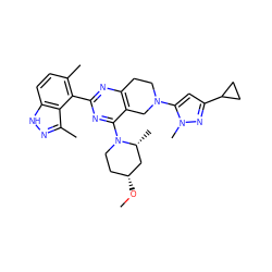 CO[C@@H]1CCN(c2nc(-c3c(C)ccc4[nH]nc(C)c34)nc3c2CN(c2cc(C4CC4)nn2C)CC3)[C@H](C)C1 ZINC000146928453