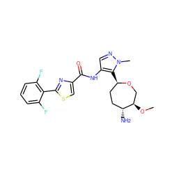 CO[C@@H]1CO[C@H](c2c(NC(=O)c3csc(-c4c(F)cccc4F)n3)cnn2C)CC[C@H]1N ZINC000216890630