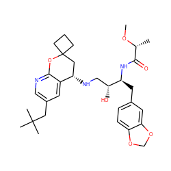 CO[C@H](C)C(=O)N[C@@H](Cc1ccc2c(c1)OCO2)[C@H](O)CN[C@H]1CC2(CCC2)Oc2ncc(CC(C)(C)C)cc21 ZINC000095572350