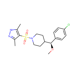 CO[C@H](c1ccc(Cl)cc1)C1CCN(S(=O)(=O)c2c(C)n[nH]c2C)CC1 ZINC000207082096