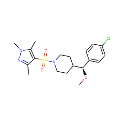 CO[C@H](c1ccc(Cl)cc1)C1CCN(S(=O)(=O)c2c(C)nn(C)c2C)CC1 ZINC000207097386