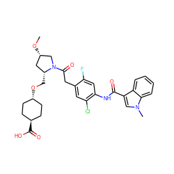 CO[C@H]1C[C@@H](CO[C@H]2CC[C@H](C(=O)O)CC2)N(C(=O)Cc2cc(Cl)c(NC(=O)c3cn(C)c4ccccc34)cc2F)C1 ZINC000253683098