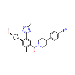 CO[C@H]1C[C@@H](c2cc(C)c(C(=O)N3CCC(c4ccc(C#N)cc4)CC3)cc2-c2n[nH]c(C)n2)C1 ZINC001772624319