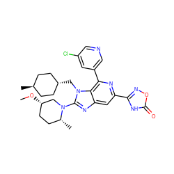 CO[C@H]1CC[C@@H](C)N(c2nc3cc(-c4noc(=O)[nH]4)nc(-c4cncc(Cl)c4)c3n2C[C@H]2CC[C@H](C)CC2)C1 ZINC000261077817