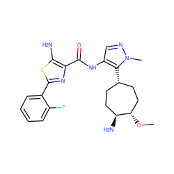 CO[C@H]1CC[C@@H](c2c(NC(=O)c3nc(-c4ccccc4F)sc3N)cnn2C)CC[C@@H]1N ZINC000169699460