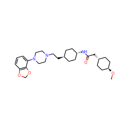 CO[C@H]1CC[C@H](CC(=O)N[C@H]2CC[C@H](CCN3CCN(c4cccc5c4OCO5)CC3)CC2)CC1 ZINC000261127995