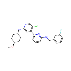 CO[C@H]1CC[C@H](Nc2cc(-c3cccc(NCc4cccc(F)c4)n3)c(Cl)cn2)CC1 ZINC000261085388