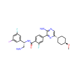 CO[C@H]1CC[C@H](c2cnc(N)c(-c3ccc(C(=O)N[C@H](CN)c4cc(F)cc(I)c4)c(F)c3)n2)CC1 ZINC001772626327