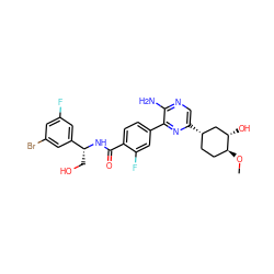 CO[C@H]1CC[C@H](c2cnc(N)c(-c3ccc(C(=O)N[C@H](CO)c4cc(F)cc(Br)c4)c(F)c3)n2)C[C@@H]1O ZINC001772589762