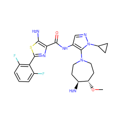 CO[C@H]1CCN(c2c(NC(=O)c3nc(-c4c(F)cccc4F)sc3N)cnn2C2CC2)CC[C@@H]1N ZINC000169699419