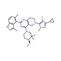 CO[C@H]1CCN(c2nc(-c3c(C)ccc4[nH]nc(C)c34)nc3c2CN(c2c(Cl)c(C4CC4)nn2C)CC3)CC1(C)C ZINC000149163683