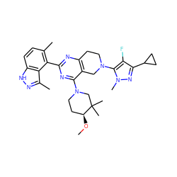 CO[C@H]1CCN(c2nc(-c3c(C)ccc4[nH]nc(C)c34)nc3c2CN(c2c(F)c(C4CC4)nn2C)CC3)CC1(C)C ZINC000146974342