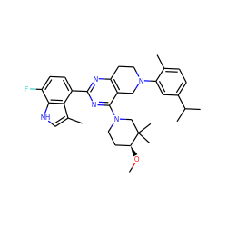 CO[C@H]1CCN(c2nc(-c3ccc(F)c4[nH]cc(C)c34)nc3c2CN(c2cc(C(C)C)ccc2C)CC3)CC1(C)C ZINC000149139301