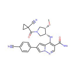 CO[C@H]1CN(C(=O)C2(C#N)CC2)C[C@H]1Nc1c(C(N)=O)cnn2cc(-c3ccc(C#N)cc3)cc12 ZINC000261128482