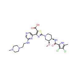 CO[C@H]1CN(c2nc(-c3cncc(NCCN4CCN(C)CC4)n3)c(C(=O)O)s2)CC[C@H]1NC(=O)c1[nH]c(C)c(Cl)c1Cl ZINC000299833917