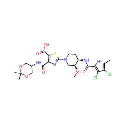 CO[C@H]1CN(c2nc(C(=O)NC3COC(C)(C)OC3)c(C(=O)O)s2)CC[C@H]1NC(=O)c1[nH]c(C)c(Cl)c1Cl ZINC000299834931