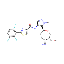 CO[C@H]1CO[C@H](c2c(NC(=O)c3csc(-c4c(F)ccc(F)c4F)n3)cnn2C)CC[C@H]1N ZINC000216887619