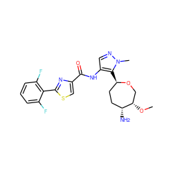 CO[C@H]1CO[C@H](c2c(NC(=O)c3csc(-c4c(F)cccc4F)n3)cnn2C)CC[C@H]1N ZINC000216886567