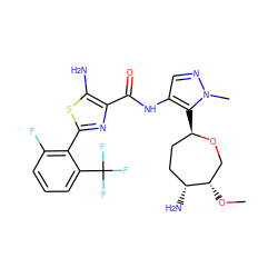 CO[C@H]1CO[C@H](c2c(NC(=O)c3nc(-c4c(F)cccc4C(F)(F)F)sc3N)cnn2C)CC[C@H]1N ZINC000216888739