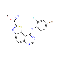 COC(=N)c1nc2ccc3ncnc(Nc4ccc(Br)cc4F)c3c2s1 ZINC000096270445