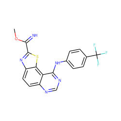 COC(=N)c1nc2ccc3ncnc(Nc4ccc(C(F)(F)F)cc4)c3c2s1 ZINC000096270448