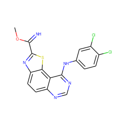 COC(=N)c1nc2ccc3ncnc(Nc4ccc(Cl)c(Cl)c4)c3c2s1 ZINC000207594476