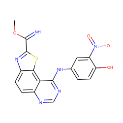 COC(=N)c1nc2ccc3ncnc(Nc4ccc(O)c([N+](=O)[O-])c4)c3c2s1 ZINC000096270440