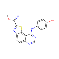 COC(=N)c1nc2ccc3ncnc(Nc4ccc(O)cc4)c3c2s1 ZINC001772588433