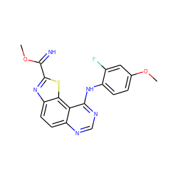 COC(=N)c1nc2ccc3ncnc(Nc4ccc(OC)cc4F)c3c2s1 ZINC000207580394