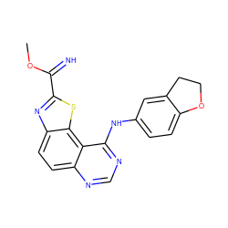 COC(=N)c1nc2ccc3ncnc(Nc4ccc5c(c4)CCO5)c3c2s1 ZINC000207594408