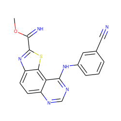 COC(=N)c1nc2ccc3ncnc(Nc4cccc(C#N)c4)c3c2s1 ZINC000096270439