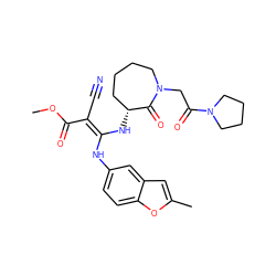 COC(=O)/C(C#N)=C(\Nc1ccc2oc(C)cc2c1)N[C@@H]1CCCCN(CC(=O)N2CCCC2)C1=O ZINC000095560669