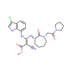 COC(=O)/C(C#N)=C(\Nc1cccc2c(Cl)c[nH]c12)N[C@H]1CCCCN(CC(=O)N2CCCC2)C1=O ZINC000003955434