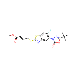 COC(=O)/C=C/CSc1nc2cc(-n3nc(C(C)(C)C)oc3=O)c(F)cc2s1 ZINC000103172708