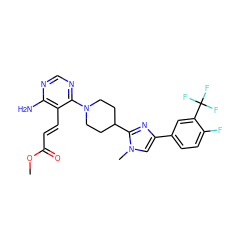 COC(=O)/C=C/c1c(N)ncnc1N1CCC(c2nc(-c3ccc(F)c(C(F)(F)F)c3)cn2C)CC1 ZINC000219110632