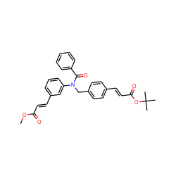 COC(=O)/C=C/c1cccc(N(Cc2ccc(/C=C/C(=O)OC(C)(C)C)cc2)C(=O)c2ccccc2)c1 ZINC000028473288