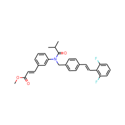 COC(=O)/C=C/c1cccc(N(Cc2ccc(/C=C/c3c(F)cccc3F)cc2)C(=O)C(C)C)c1 ZINC000028473696