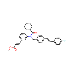 COC(=O)/C=C/c1cccc(N(Cc2ccc(/C=C/c3ccc(F)cc3)cc2)C(=O)C2CCCCC2)c1 ZINC000028469836