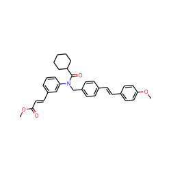 COC(=O)/C=C/c1cccc(N(Cc2ccc(/C=C/c3ccc(OC)cc3)cc2)C(=O)C2CCCCC2)c1 ZINC000028476079