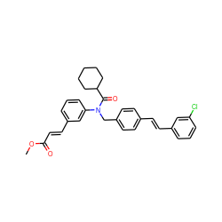 COC(=O)/C=C/c1cccc(N(Cc2ccc(/C=C/c3cccc(Cl)c3)cc2)C(=O)C2CCCCC2)c1 ZINC000028468799