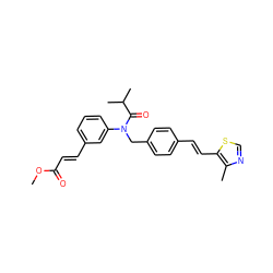 COC(=O)/C=C/c1cccc(N(Cc2ccc(/C=C/c3scnc3C)cc2)C(=O)C(C)C)c1 ZINC000028475385