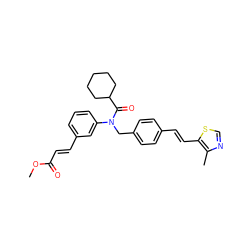 COC(=O)/C=C/c1cccc(N(Cc2ccc(/C=C/c3scnc3C)cc2)C(=O)C2CCCCC2)c1 ZINC000028473982