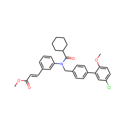 COC(=O)/C=C/c1cccc(N(Cc2ccc(-c3cc(Cl)ccc3OC)cc2)C(=O)C2CCCCC2)c1 ZINC000028466896