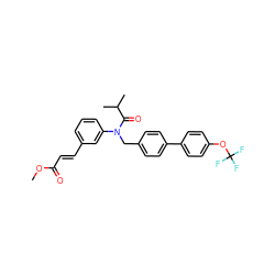 COC(=O)/C=C/c1cccc(N(Cc2ccc(-c3ccc(OC(F)(F)F)cc3)cc2)C(=O)C(C)C)c1 ZINC000028476882