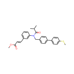 COC(=O)/C=C/c1cccc(N(Cc2ccc(-c3ccc(SC)cc3)cc2)C(=O)C(C)C)c1 ZINC000028467940