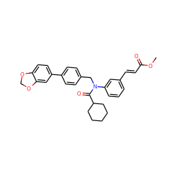 COC(=O)/C=C/c1cccc(N(Cc2ccc(-c3ccc4c(c3)OCO4)cc2)C(=O)C2CCCCC2)c1 ZINC000028468546