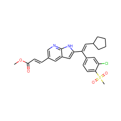 COC(=O)/C=C/c1cnc2[nH]c(/C(=C/C3CCCC3)c3ccc(S(C)(=O)=O)c(Cl)c3)cc2c1 ZINC000653808308