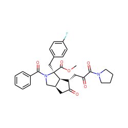 COC(=O)[C@@]1(Cc2ccc(F)cc2)[C@H]2[C@H](CC(=O)C(=O)N3CCCC3)C(=O)C[C@H]2CN1C(=O)c1ccccc1 ZINC000064712182