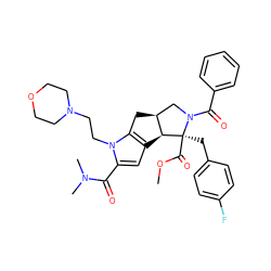 COC(=O)[C@@]1(Cc2ccc(F)cc2)[C@H]2c3cc(C(=O)N(C)C)n(CCN4CCOCC4)c3C[C@H]2CN1C(=O)c1ccccc1 ZINC000064480311